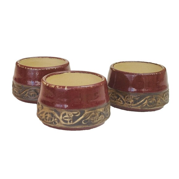 Pier 1 Imports Shanghai Tea Cups Pot Dish Red Asian Earthenware 2"  Set Of 3 - Picture 1 of 13